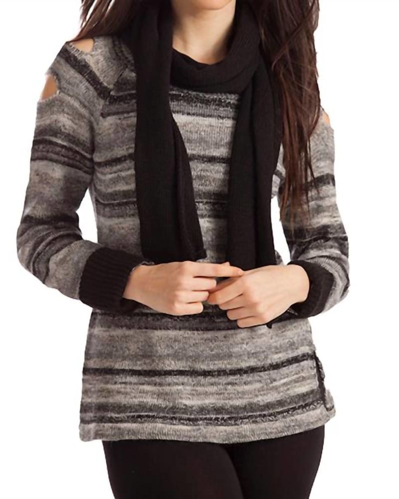 Front of a model wearing a size LG Bethany Striped Sweater W/ Scarf in Black Multi in Black Multi by french kyss. | dia_product_style_image_id:325909